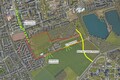 Luftbild des Bereichs rund um das Heinrich-Häck-Stadion, auf dem Bild sind verschiedene Bauvorhaben eingezeichnet